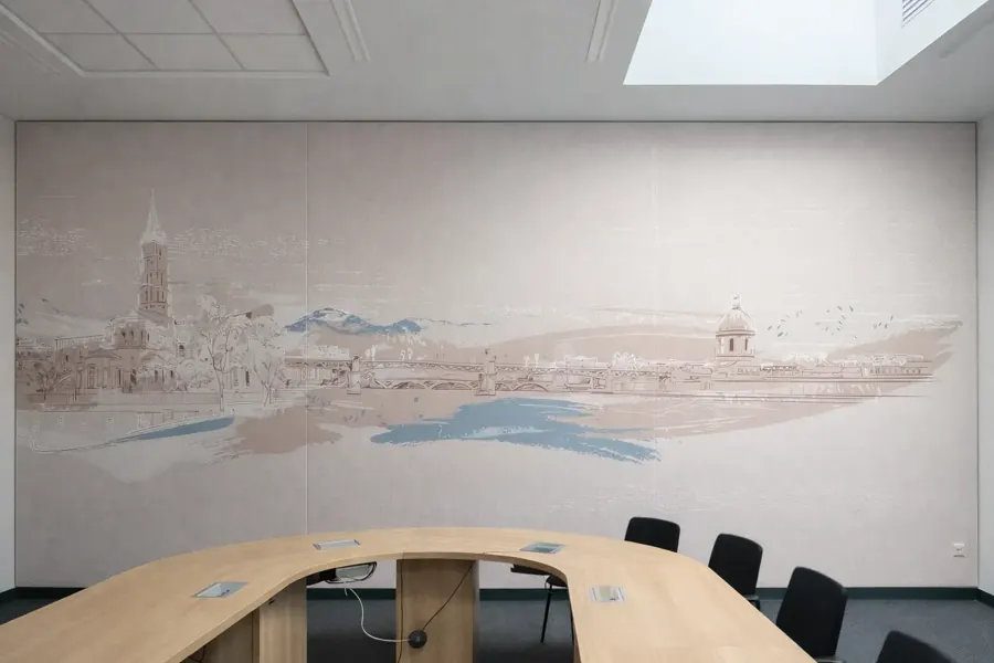 Salle de réunion : toile tendue imprimée, panorama urbain aquarellé